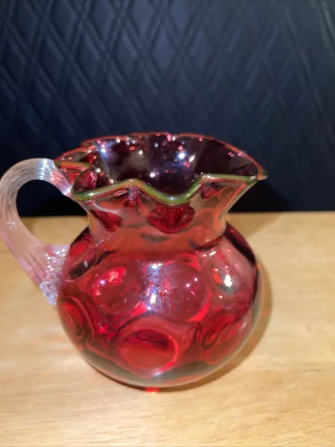 Vintage Fenton Cranberry Thumbprint Glass Pitcher with Crimped Rim