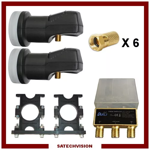 Support Astra & Hotbird + 2 LNB Single + Commutateur DiSEqc 2/1 + 6 Fiches F Or