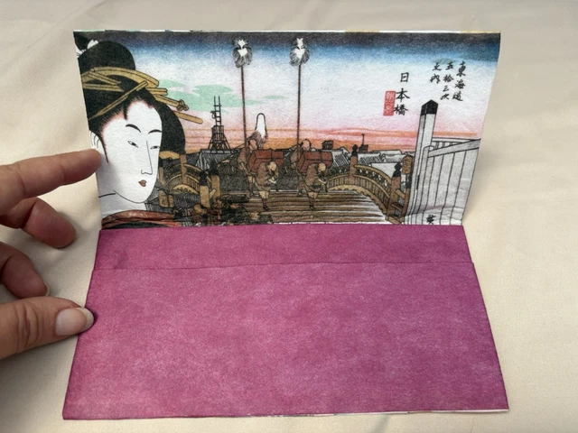 Japanese Rice Paper Two-Fold Wallet – Geisha Art With Book & Bonsai Design, Made In Japan