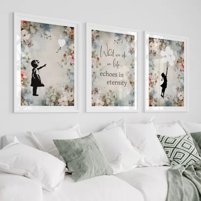 Set of 3 Banksy Wall Art Prints Balloon Girl Vintage Botanical Pictures Posters