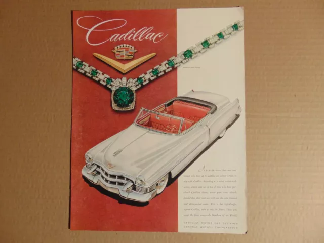1953 CADILLAC WHITE CONVERTIBLE JEWELS vintage art print ad
