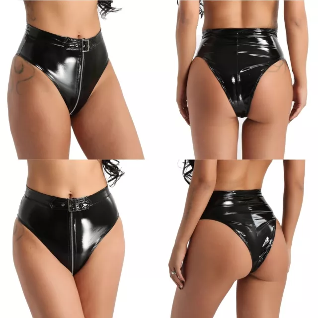 WOMEN HIGH WAIST Shiny Wet Look Front Zipper Briefs Underwear Panties with  Belt £5.63 - PicClick UK