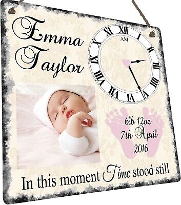 Baby Photo Birth Record Time Stood Still Hanging Metal Wall Plaque Gift Present