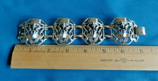 VTG 50s Selro Selini Japanese Noh Mask Panel Bracelet Demonic Spirit Silvertone