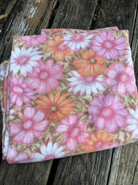 Cannon Monticello Daisy Floral King Flat Sheet Pink Orange Brown Vtg 60s 70s USA