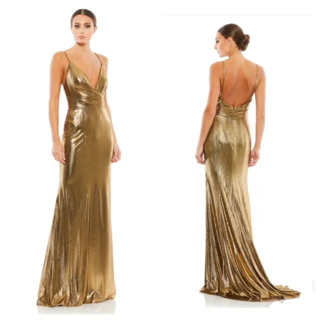 Leena for Mac Duggal Faux Wrap Spaghetti Strap Gown Gold Metallic Size 6