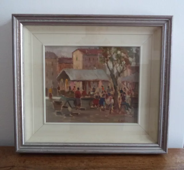 Busà Armando quadro ad olio mercato cittadino con personaggi 28x23cm con cornice