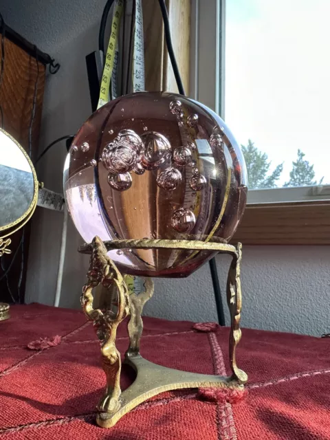 Godinger Silver Art Co. VTG PINK BUBBLED CRYSTAL BALL w Adorned Gold Metal Stand
