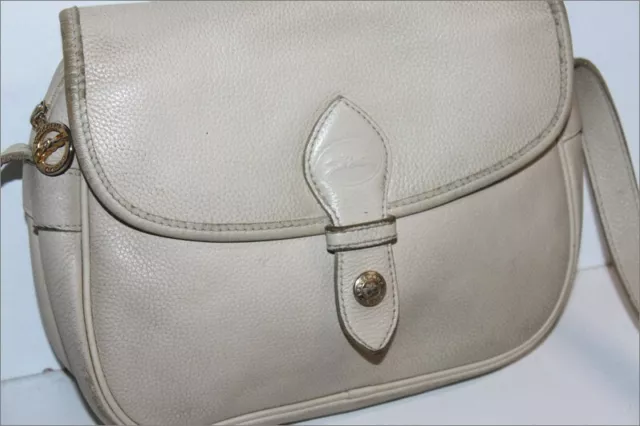 Longchamp Messenger Bag vintage Leather Granulated Tint Ivory Shoulder Strap Vgc