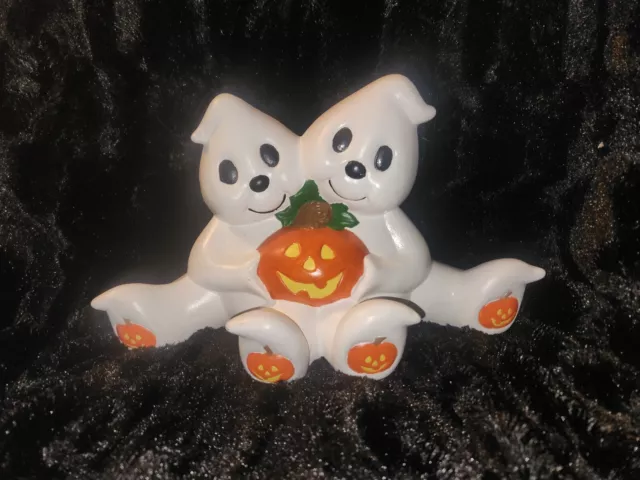 Vintage Halloween Ceramic Lighted Ghost Jack O Lantern Pumpkin Decoration