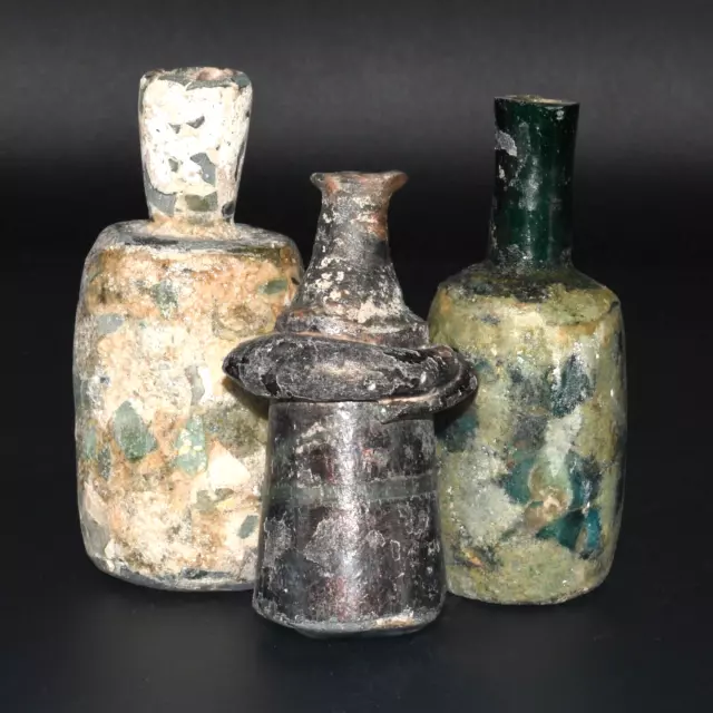 3 Ancient Large Roman Glass Medicine & Cosmetic Bottles Ca. 1st -3rd Century AD