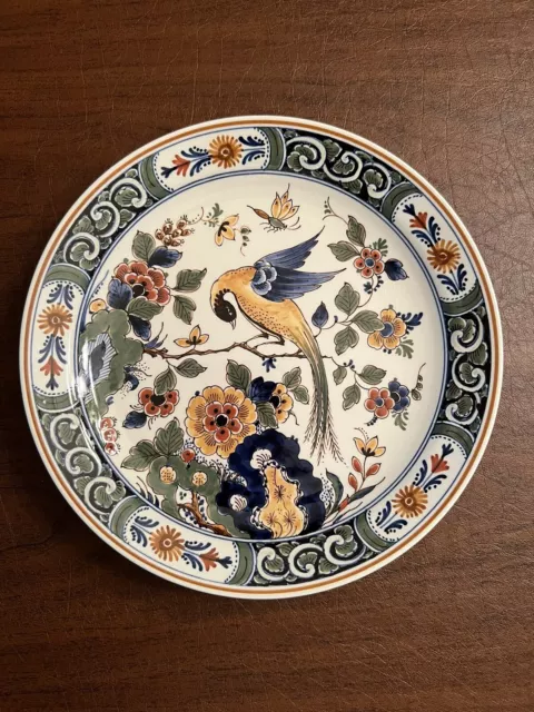 Royal Delft Blue Polychrome De Porceleyne Fles Floral Peacock Bird ￼Plate 9”