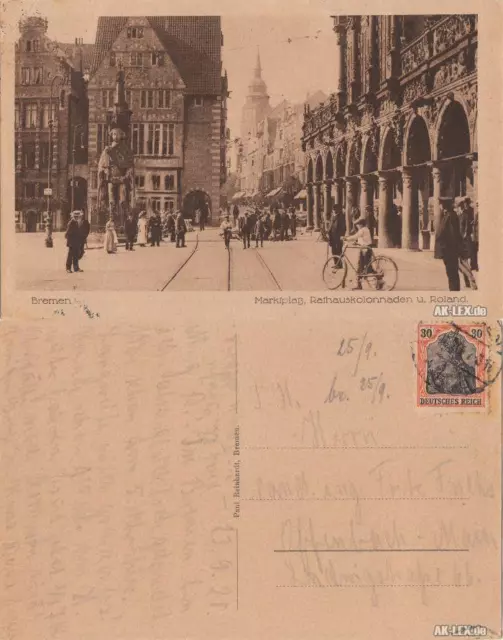 Ansichtskarte Bremen Marktplatz, Rathauskolonnaden u. Roland gel. 1920 1920