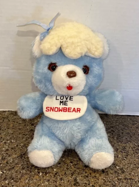 Vintage 80’s Love Me Snow Bear Blue Stuffed Plush With Bib Commonwealth LIKE 12”