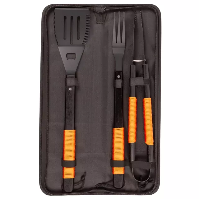 3pc Orange Rope BBQ Grill Tool Set Barbecue Cooking Grilling Utensil Kit & Case