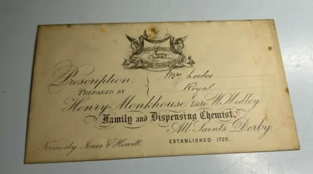 Antique Prescription Envelope  Henry Monkhouse Chemist Derby  to Mrs Locke