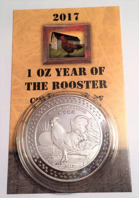 2017 "YEAR OF THE ROOSTER" 1 Oz Coin 999 Fine Silver Plated in Display Box, COA, 2