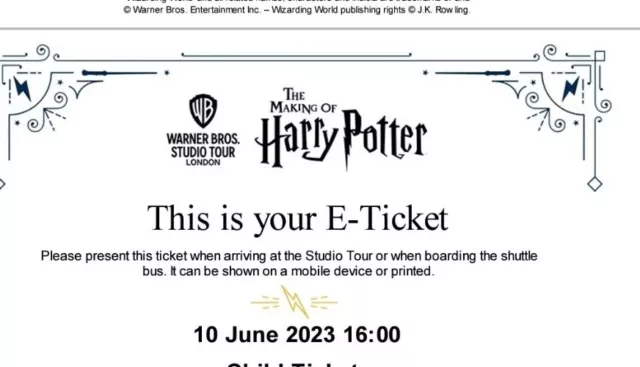 2 biglietti Warner Bros Harry Potter Londra sabato 10 giugno