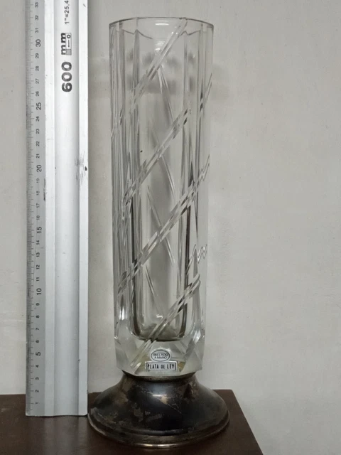 Jarrón cristal Tallado A Mano Pie Plata De Ley vintage