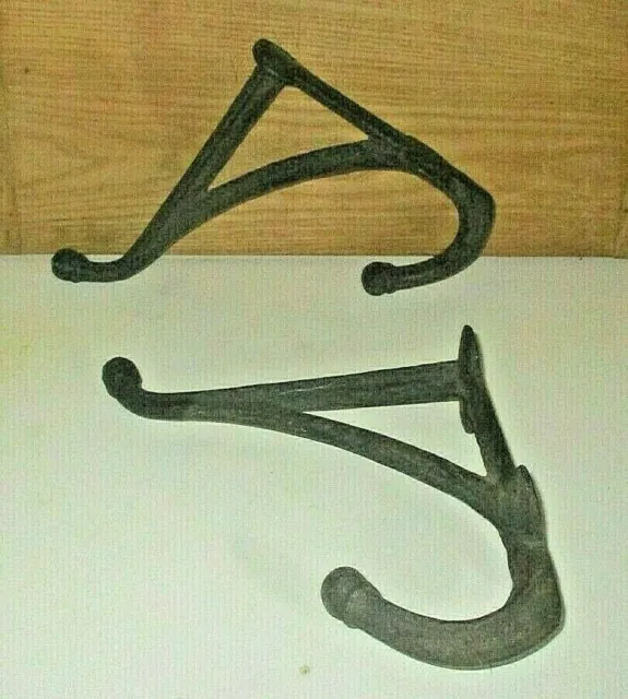 Pair Heavy Duty 8" Antique Cast Iron Coat Hat Or Harness Tack Wall Hooks