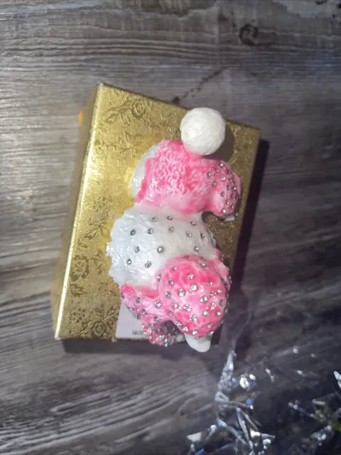 Bejeweled " Pink Poodle Dog " Hinged Metal Enameled Rhinestone Trinket Box