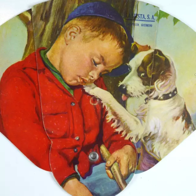 Vintage Mexico Boy And Dog Folding Fan Advertisement LA Siesta S. A.