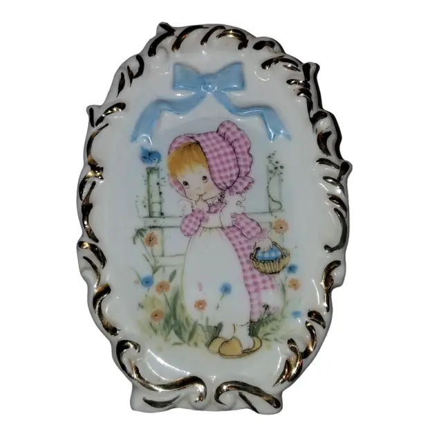 Vintage Pink Gingham Bonnet Girl Japan Glass Ceramic Figurine Standee BLUE JAY