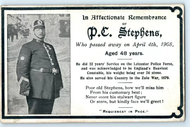 POSTCARD Leicester policeman PC Stephens memorial card died 1908, famous fat man