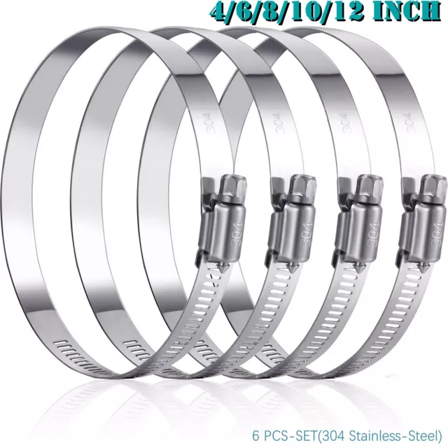 4/6/8/10/12 Inch 6Pieces Adjustable 304 Stainless Steel Duct Clamps Hose Clamp