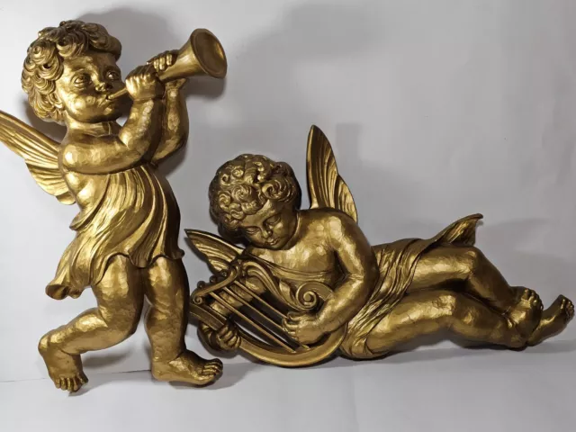 Large Pair Vintage Syroco Gold Cherub Angel Wall Plaques Set Of 2 Made in USA