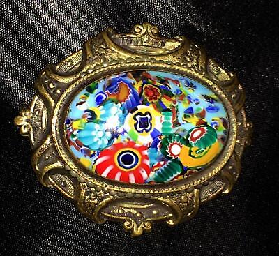 Vtg Milliefiori Glass Ornate Stamped Brass Brooch Pin Victorian Art Nouveau