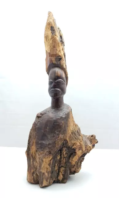 Vintage Hand Carved African Man with Headdress Ebony Wood Statue Tribal Folk Art