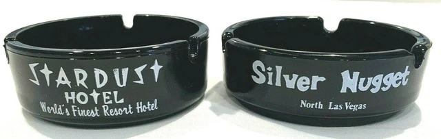 Ashtrays Lot of 2 Vintage Stardust Hotel Silver Nugget Casino Black Glass Vegas