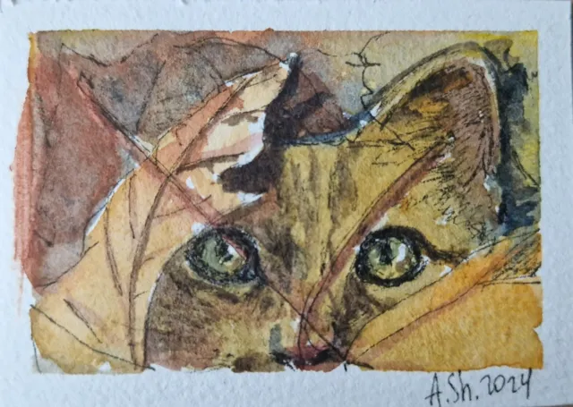 ACEO Watercolor original painting red cat ginger kitten fall leaves OOAK