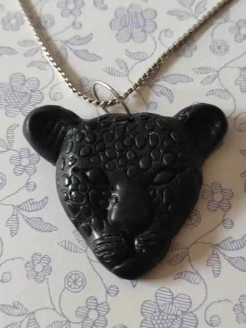 Vintage Chinese Stone Carved Large Leopard Head Pendant on a Silver Snake Chain. 2