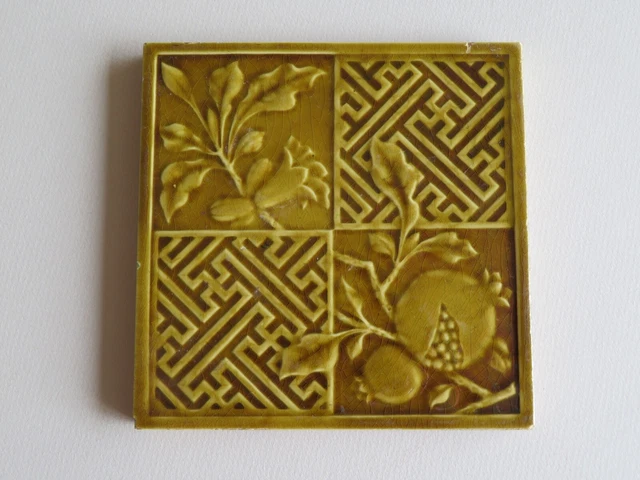 Antique English Aesthetic Movement Tile -- Mintons -- Olve Green -- 19Th Century