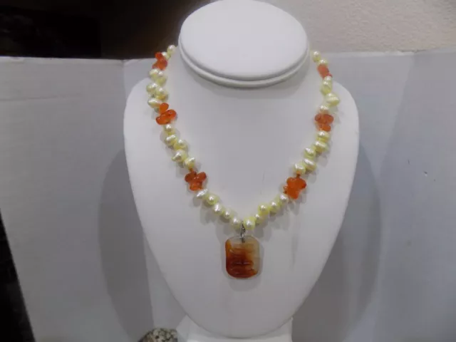 Vintage Sterling Silver Carved Carnelian & Baroque Necklace 925