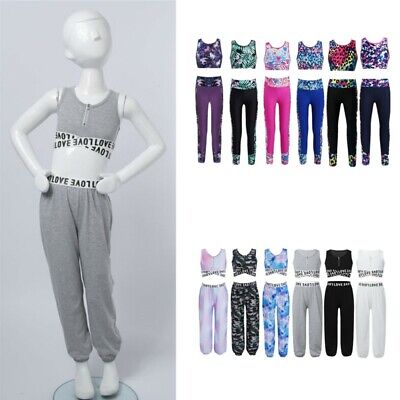 Kids Girls Athletic Sport Tracksuit Crop Top Pants Activewear Set Workout Outfit