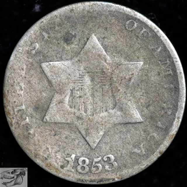 1853 Trime, Three Cent Silver, Type 1, About Good+ Condition, Free Ship, C6426