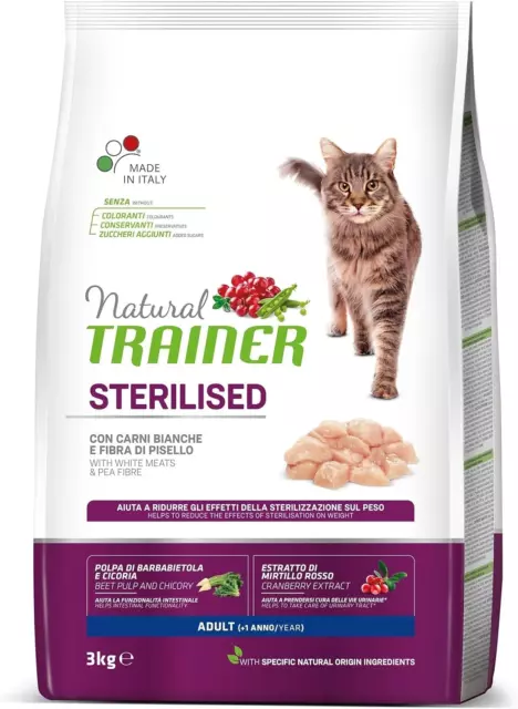 Trainer Natural Cat Sterilised Adult Con Carni Bianche E Fibra Di Pisello 3 Kg,