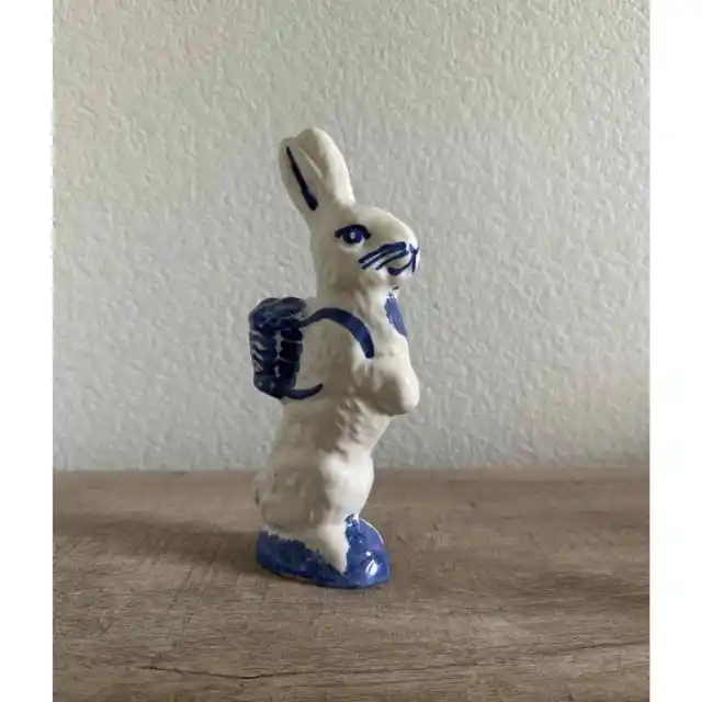 Vintage Folk Art Ceramic Pottery Easter Bunny with Basket Rabbit Figurine