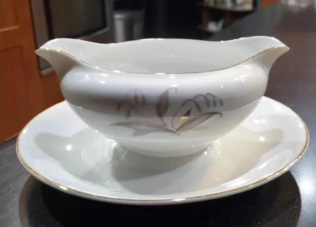 Kaysons Fine China Gravy Boat W/ Attached Plate Made Japan Golden Rhapsody 1981