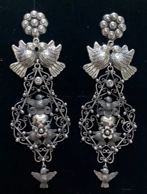 LARGE Mexican Sterling Silver Handmade Bird Frida Kahlo Earrings