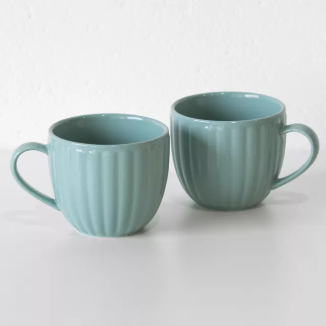 Set of 2 Large Coffee Mugs Duck Egg Blue 420ml Ribbed Stoneware Latte Tea Cups 2