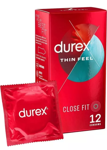 12 Durex Thin Feel Close Fit Lubricated Latex Condoms 1 x Pack of 12 Sealed