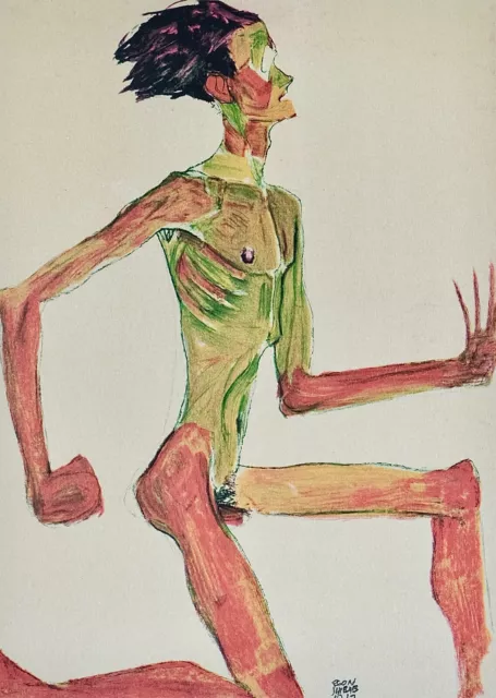 Egon schiele (Nach)- Kunstblatt - Lithografie - Kniend Male Hautfarben IN