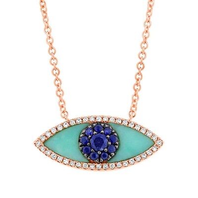 14K or Rose Tout Seeing Eye Bleu Turquoise Saphir Diamant Pendentif Collier
