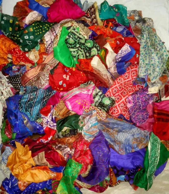 LOT ART SILK Antique Vintage Sari REMNANT Fabrics 100 GRAMS MIXED COLORS CRAFT