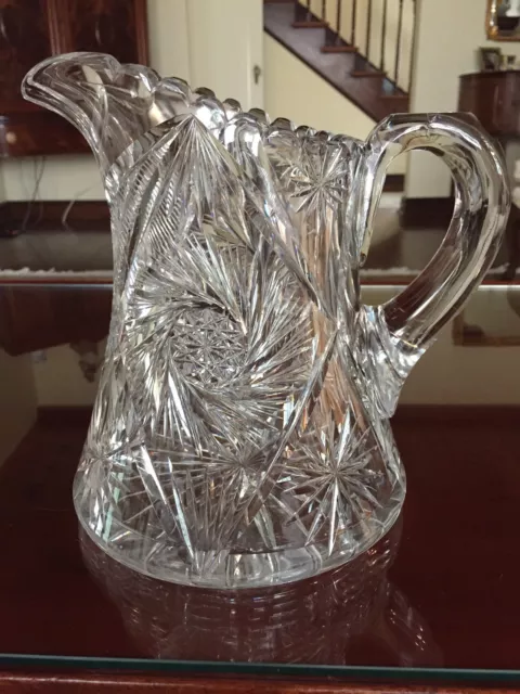 American Brilliant Period Cut Glass Pitcher Jug Pinwheel Sawtooth Rim GREAT!!