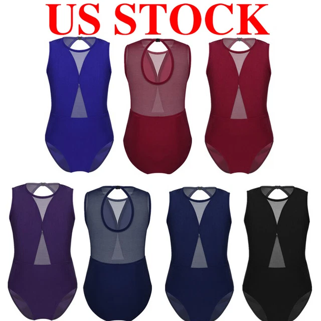 US Kids Ballet Dance Leotard Girls Mesh Keyhole Cutout Back Dance-wear Tank Tops